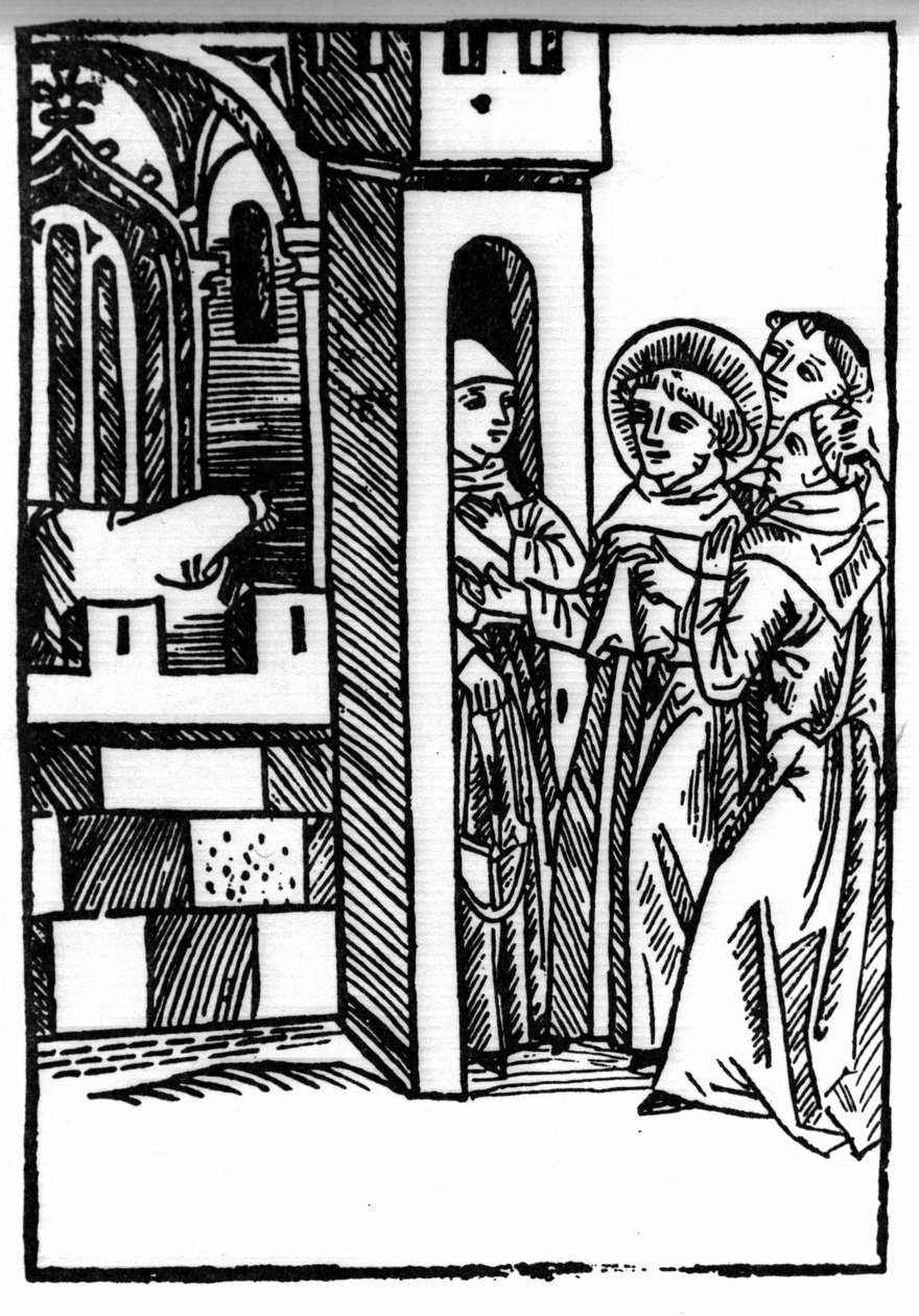 De legende van Sint Brendan (Brandan), held en Ierse heilige uit de 6e eeuw. Een van de monniken steelt een kelk. Gravure uit 