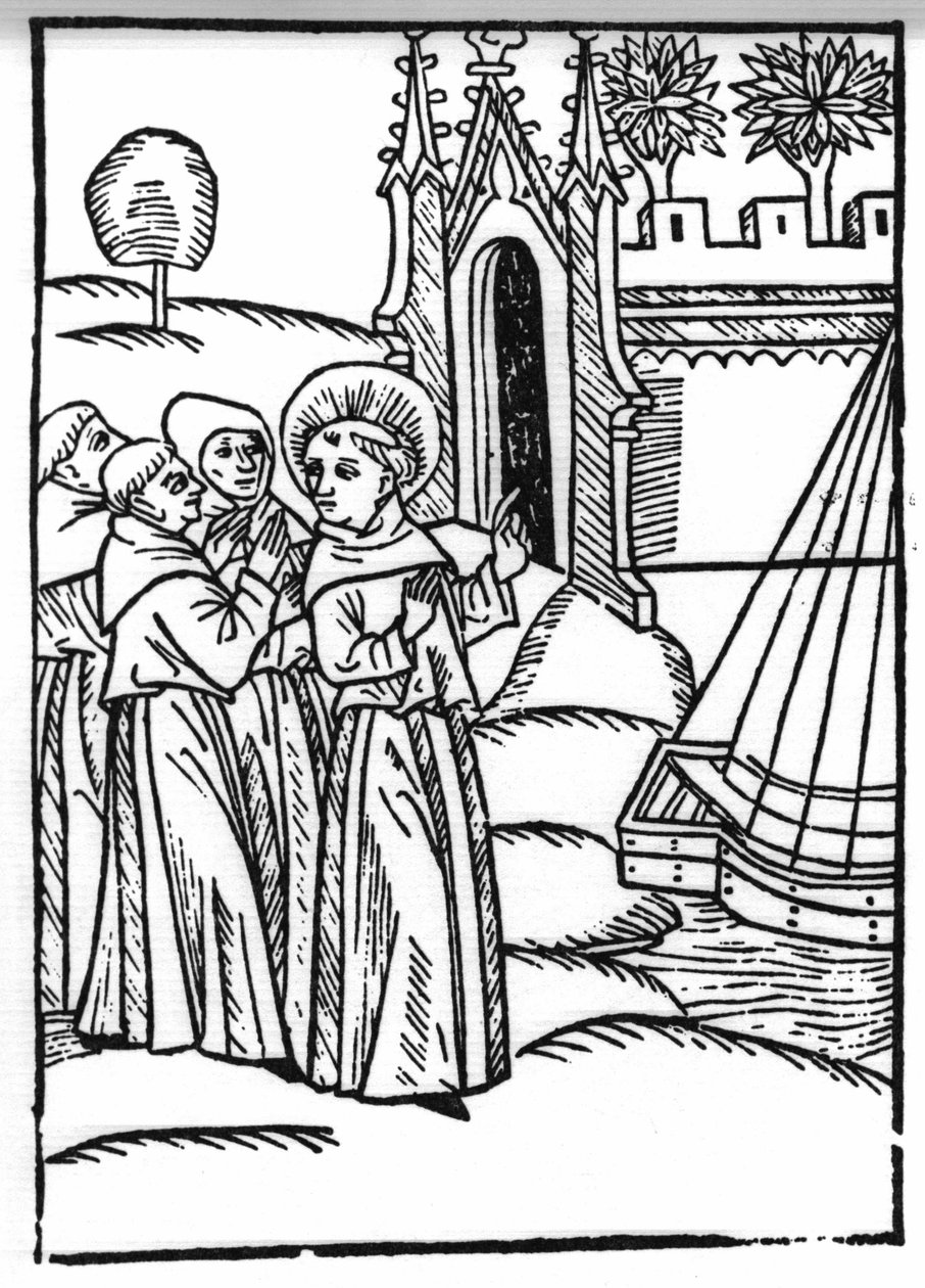De legende van Sint Brendan, held en Ierse heilige van de 6e eeuw. De monniken en Sint Brendan ontdekken het Aardse Paradijs. Gravure van 