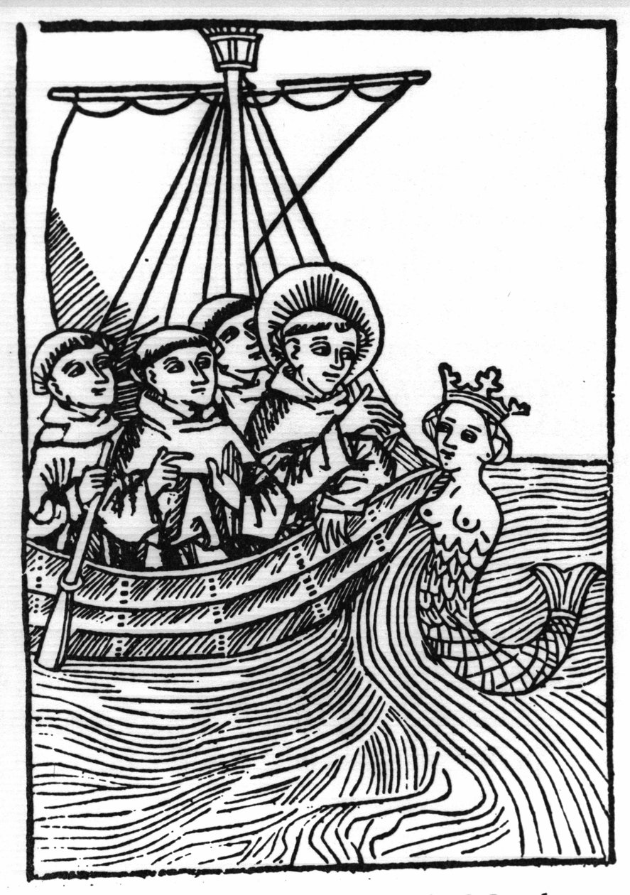 De legende van Sint Brendan, held en Ierse heilige van de 6e eeuw. De ontmoeting van Sint Brendan met de sirene. Gravure uit 