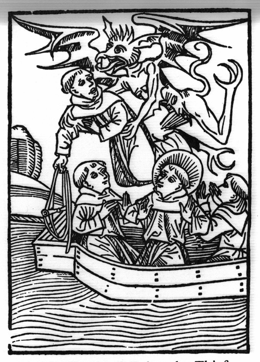 De legende van Sint Brendan (Brandan), held en Ierse heilige van de 6e eeuw. De duivel neemt de diefmonnik mee. Gravure van Die Wunderbare Meerfahrt des Hl. Brandan. Bale door Swiss School