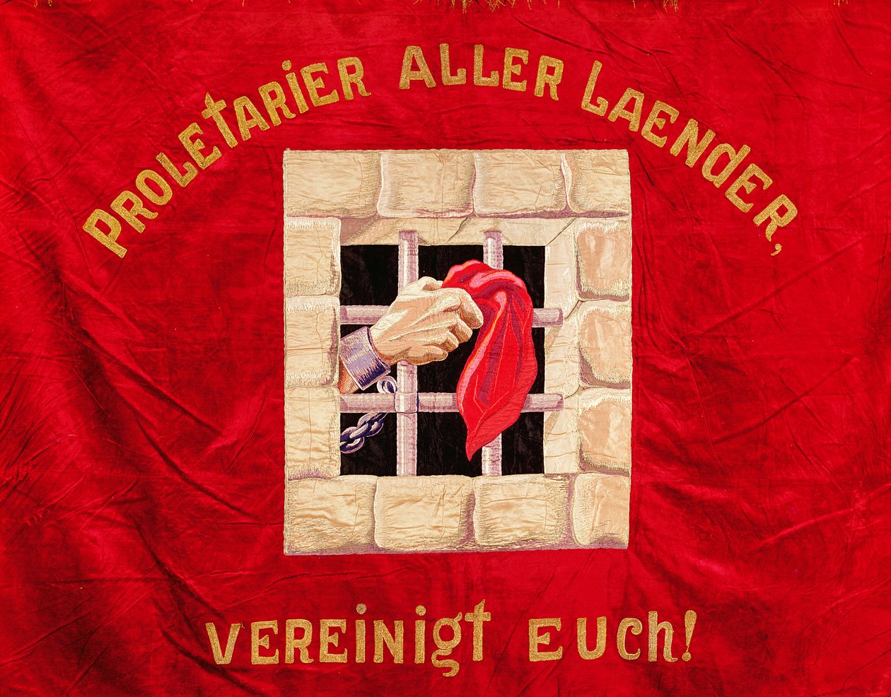 Vakbondsbanner die de proletariërs van alle landen oproept zich te verenigen door Swiss School