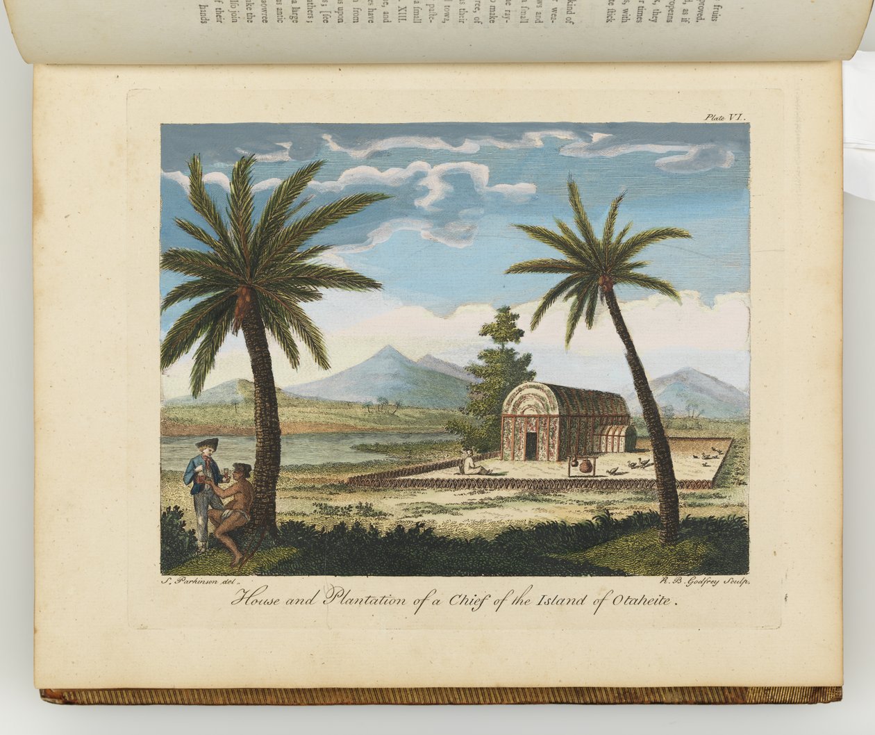 Huis en plantage van een hoofdman van het eiland Otaheite, illustratie uit "Een dagboek van een reis naar de Zuidzee: in Zijne Majesteits schip, de Endeavour", 1794 door Sydney Parkinson