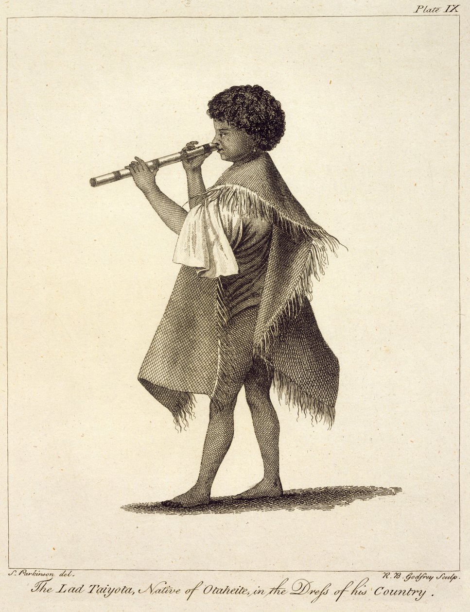 De Jongen Taiyota, Inboorling van Otaheite, in de Kleding van zijn Land, gegraveerd door R.B. Godfrey, plaat 9 uit 