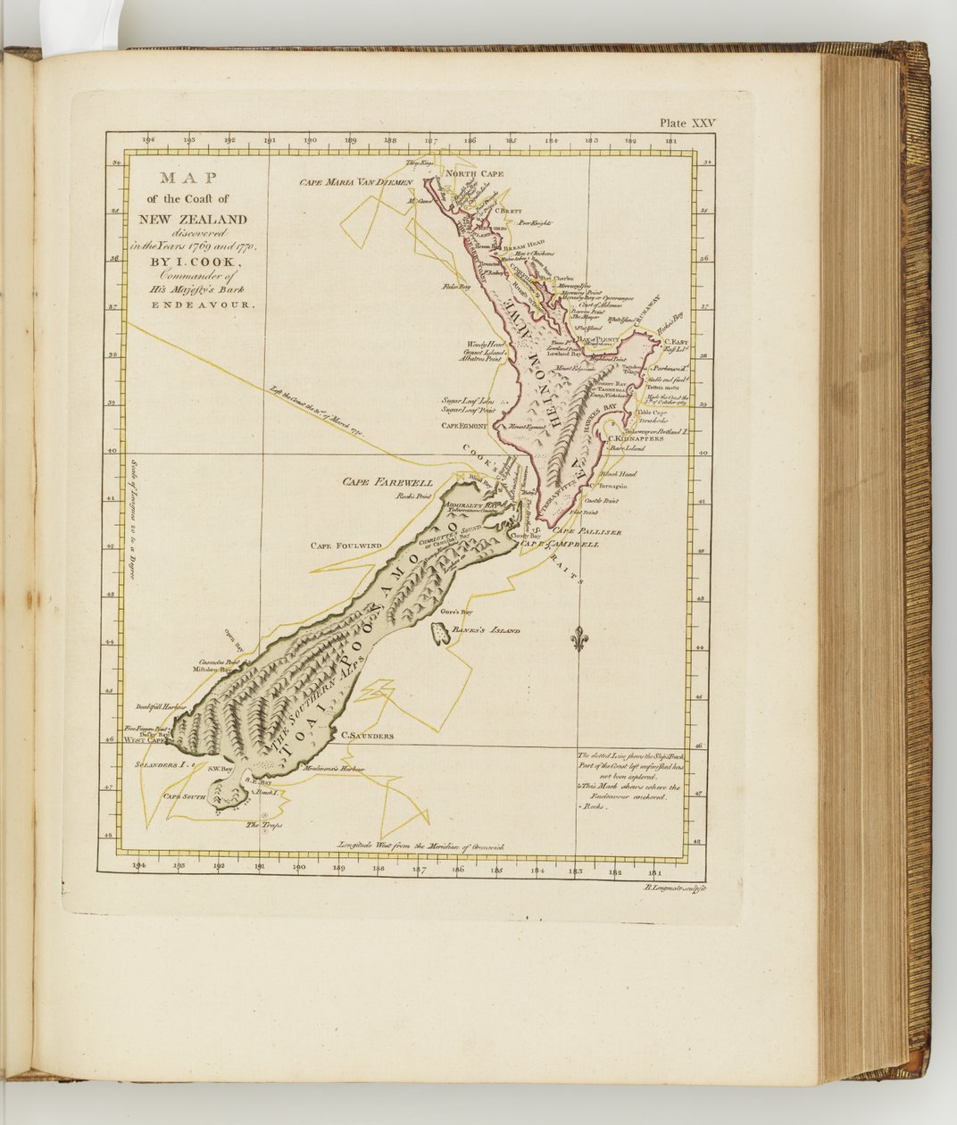 Kaart van de kust van Nieuw-Zeeland, illustratie uit Een reisverslag naar de Zuidzeeën: in Zijne Majesteits schip, de Endeavour, 1794 door Sydney