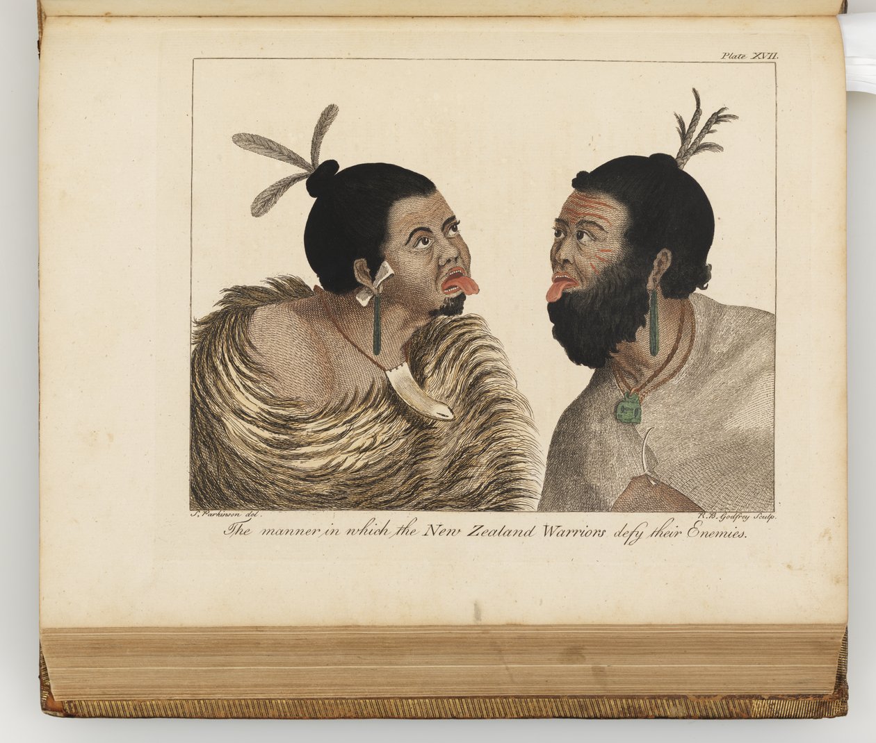 De manier waarop de Nieuw-Zeelandse krijgers hun vijanden uitdagen, illustratie uit Een reisverslag naar de Zuidzeeën: in Zijne Majesteits schip, de Endeavour, 1794 door Sydney