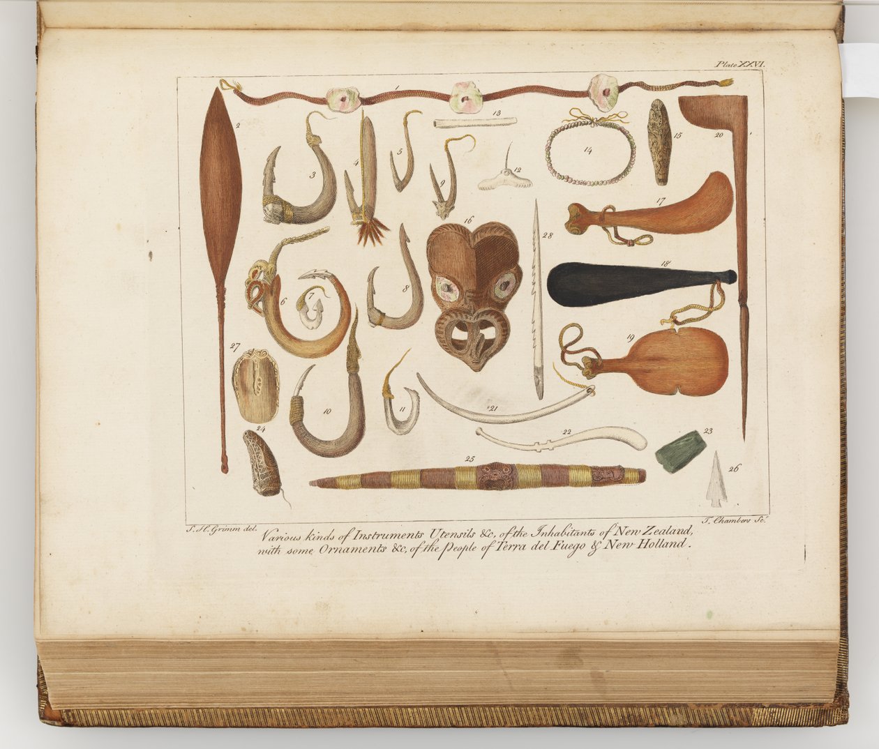 Verschillende soorten instrumenten, gebruiksvoorwerpen enz. van de inwoners van Nieuw-Zeeland, illustratie uit Een reisverslag naar de Zuidzeeën: in Zijne Majesteits schip, de Endeavour, 1794 door Sydney