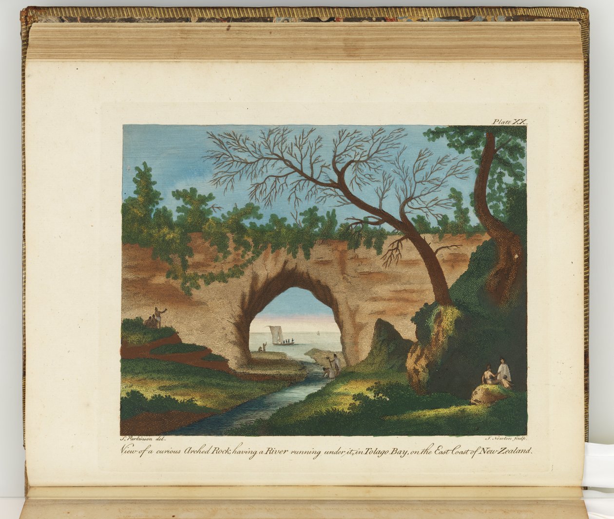 Uitzicht op een merkwaardige gebogen rots, met een rivier eronder, Tolago Bay, aan de Oostkust van Nieuw-Zeeland, illustratie uit Een reisverslag naar de Zuidzeeën: in Zijne Majesteits schip, de Endeavour, 1794 door Sydney