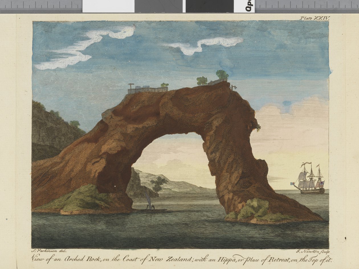 Uitzicht op een gebogen rots, illustratie uit Een reisverslag naar de Zuidzeeën: in Zijne Majesteits schip, de Endeavour, 1794 door Sydney