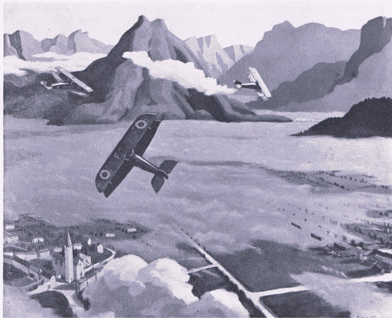 Britse verkenners verlaten hun vliegveld voor patrouille boven het Asiago Plateau, Italië, uit British Adventure gepubliceerd door Collins, 1947 door Sydney Carline