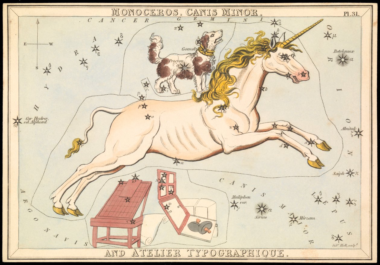 Monoceros, Canis Minor en Atelier Typographique, c.1825 door Sydney Hall
