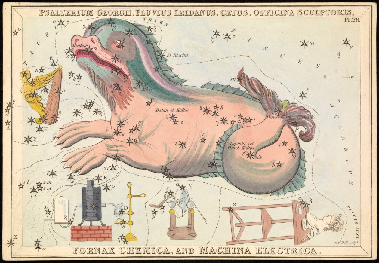 Psalterium Georgii, Fluvius Eridanus, Cetus, Officina Sculptories, Fornax Chemica en Machina Electrica, ca. 1825 door Sydney Hall
