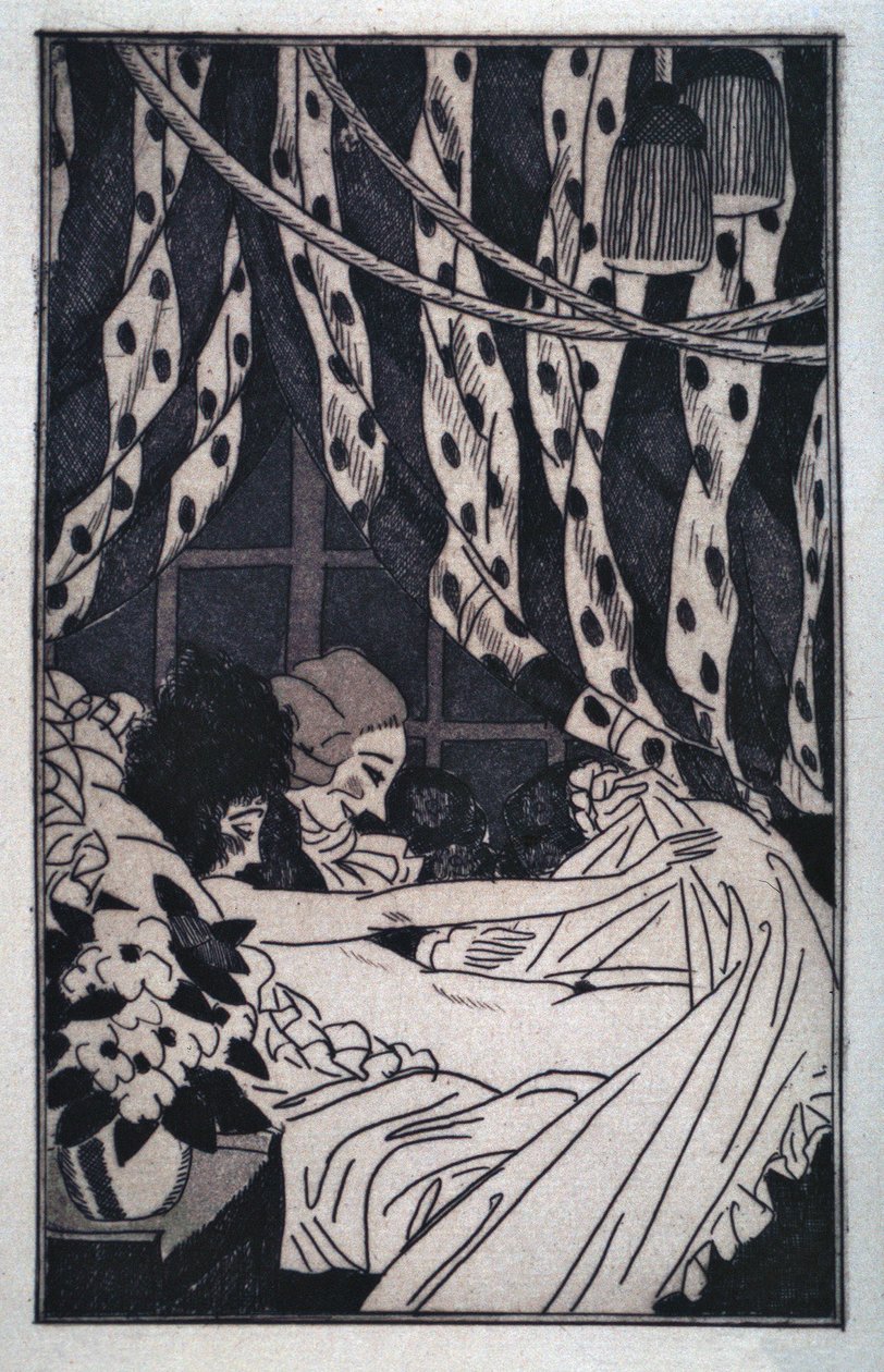 Erotiek: Giacomo Casanova (1725-1798) heft de lakens op om zijn naakte minnares te aanschouwen, begin 20e eeuw (ets) door Sylvain Sauvage