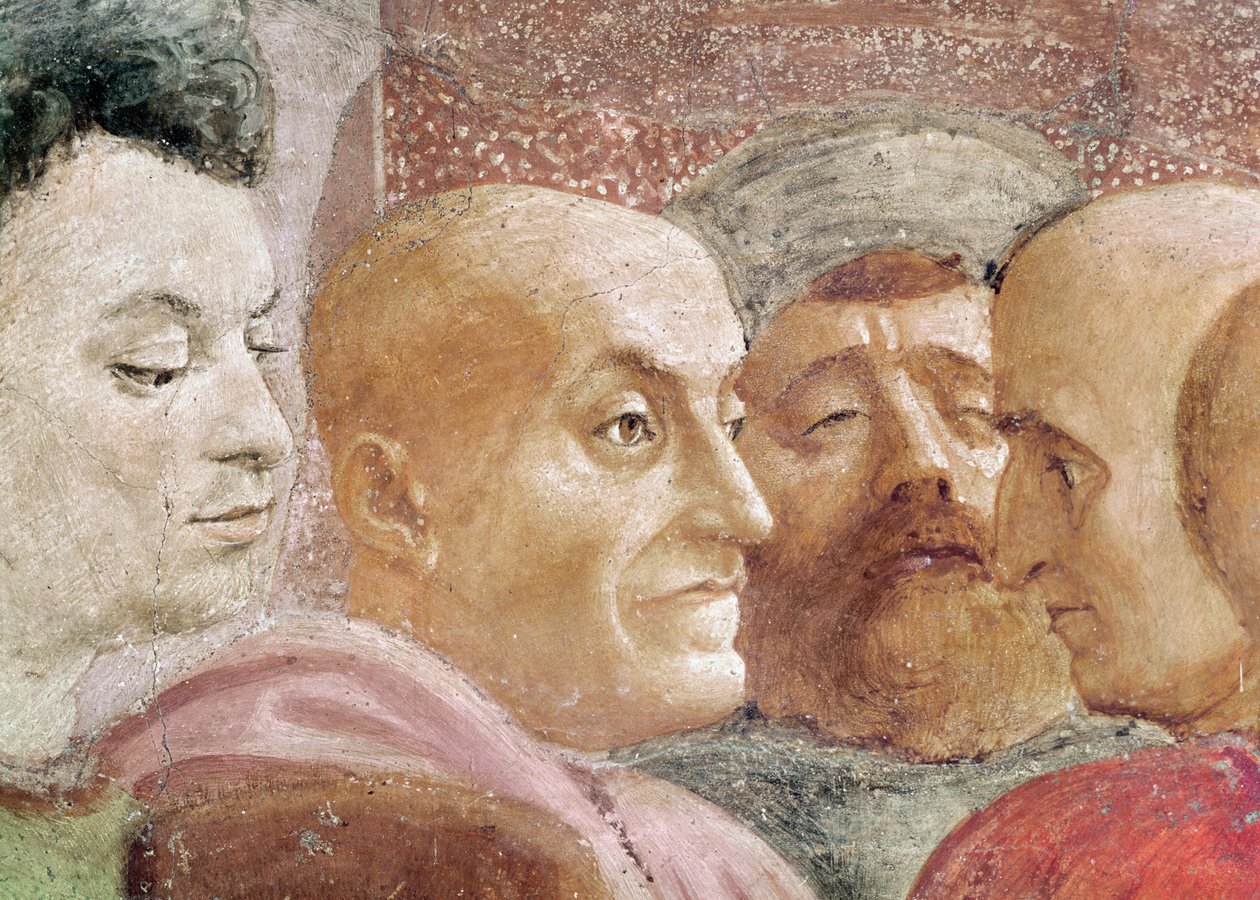 Detail van hoofden van mannen links van de keizer, uit de Opwekking van de zoon van Theophilus, en St. Peter Enthroned als eerste bisschop van Antiochië, c.1427 en c.1484-85 (detail) door Tommaso Masaccio