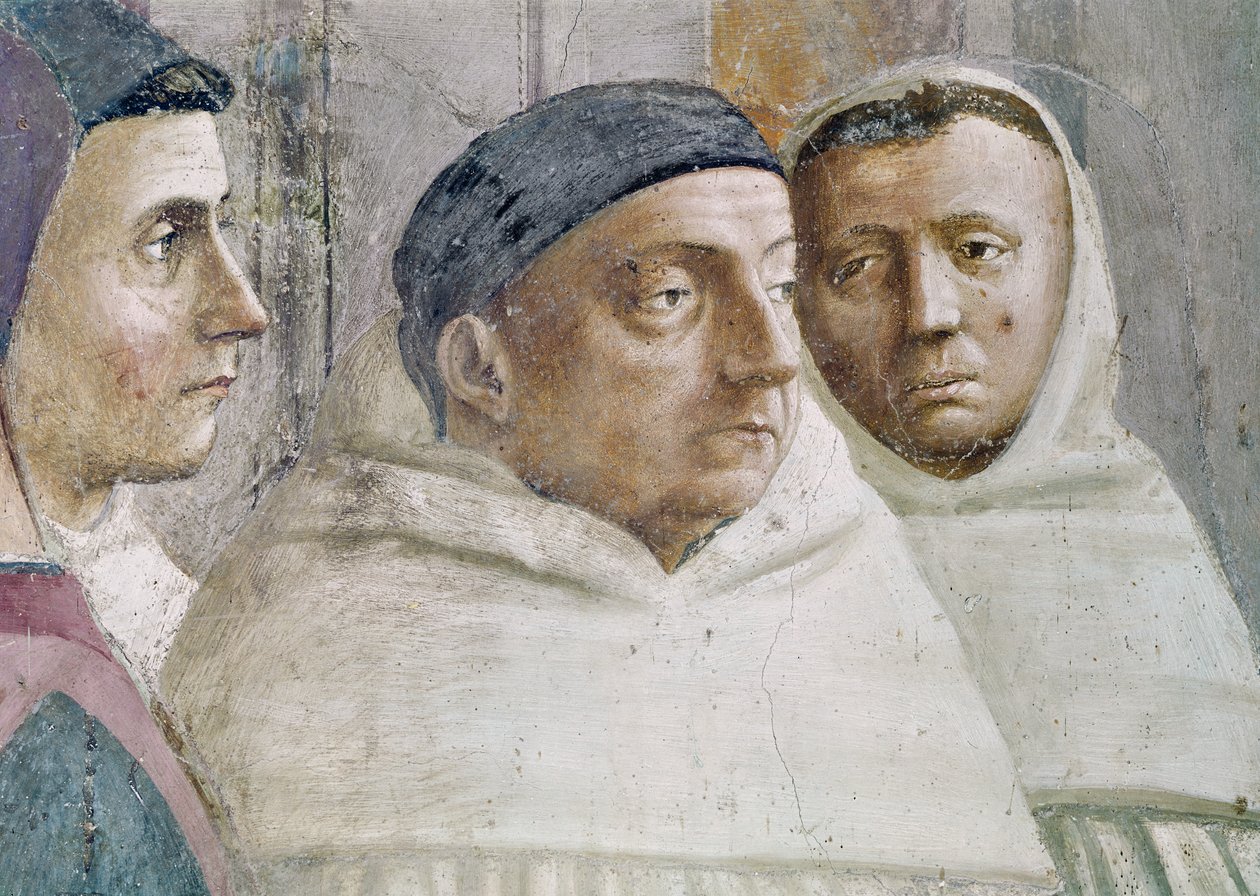 Detail van twee monniken, uit de Opwekking van de Zoon van Theophilus, en St. Petrus als Eerste Bisschop van Antiochië, c.1427 en c.1484-85 (detail) door Tommaso Masaccio