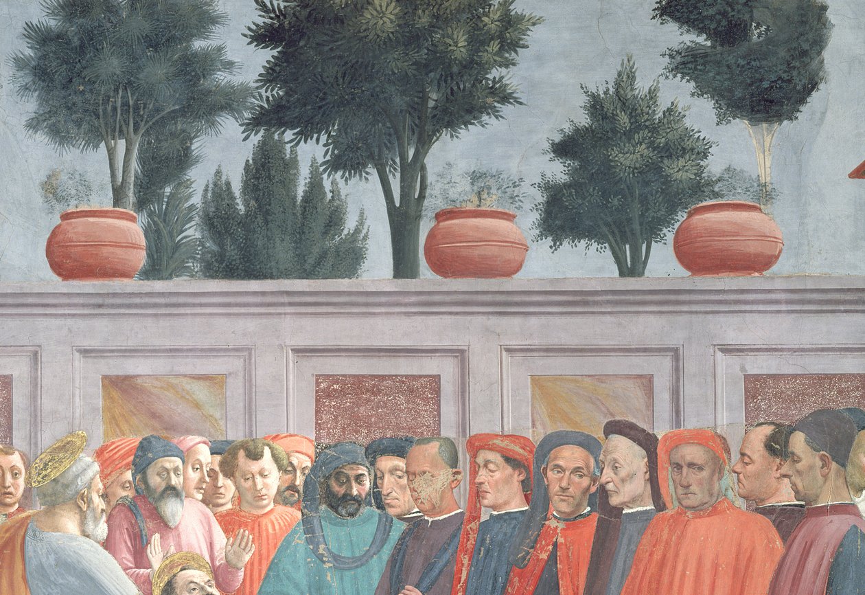 Hoofden van mensen onder de achtergrondmuur, uit de Opwekking van de Zoon van Theophilus, en St. Peter Enthroned als Eerste Bisschop van Antiochië, ca. 1427 en ca. 1484-85 (detail) door Tommaso Masaccio