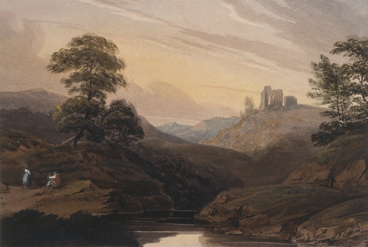 Bergachtig Landschap, met Stroom en Ruïne door T. Bacon