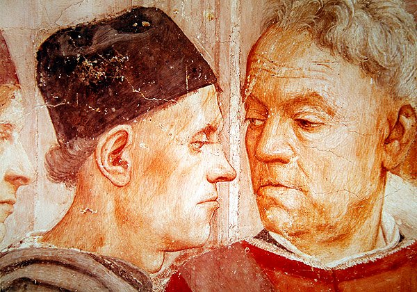 Detail van hoogwaardigheidsbekleders, uit de Opwekking van de zoon van Theophilus, en Sint-Petrus als eerste bisschop van Antiochië, ca. 1427 en ca. 1484-85 door Tommaso Masaccio