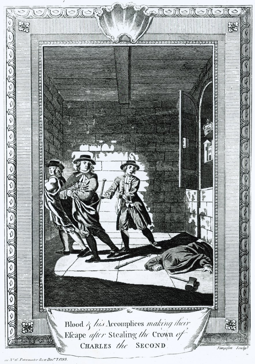Blood en zijn handlangers ontsnappen na het stelen van de kroon van Karel II, 1793 door T. Simpson