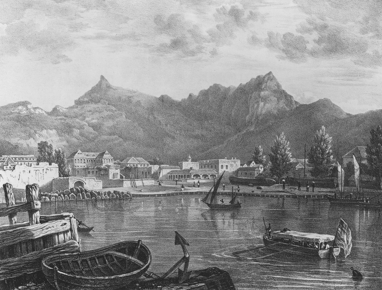 Port Louis, Mauritius, vanaf de oostkant van de haven, ca. 1830 (lithografie) door T. (after) Bradshaw