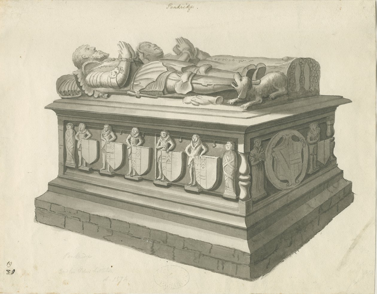 Penkridge Church - Graf van [Sir Edward Littleton]: sepia tekening, nd [eind 18e eeuw] door T Carter