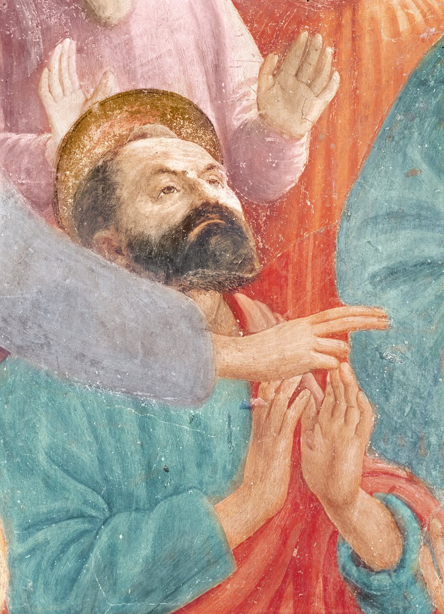 Het hoofd van St. Paulus, uit de opwekking van de zoon van Theophilus, en St. Petrus als eerste bisschop van Antiochië, ca. 1427 en ca. 1484-85 (detail) door Tommaso Masaccio