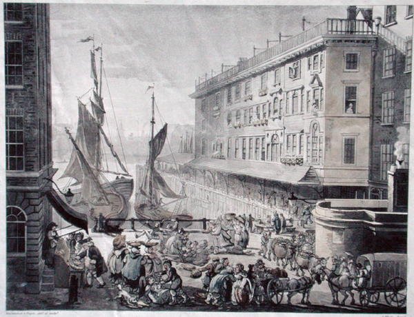Billingsgate Market, gegraveerd door J. Bluck door T. and Pugin A.C. (after) Rowlandson