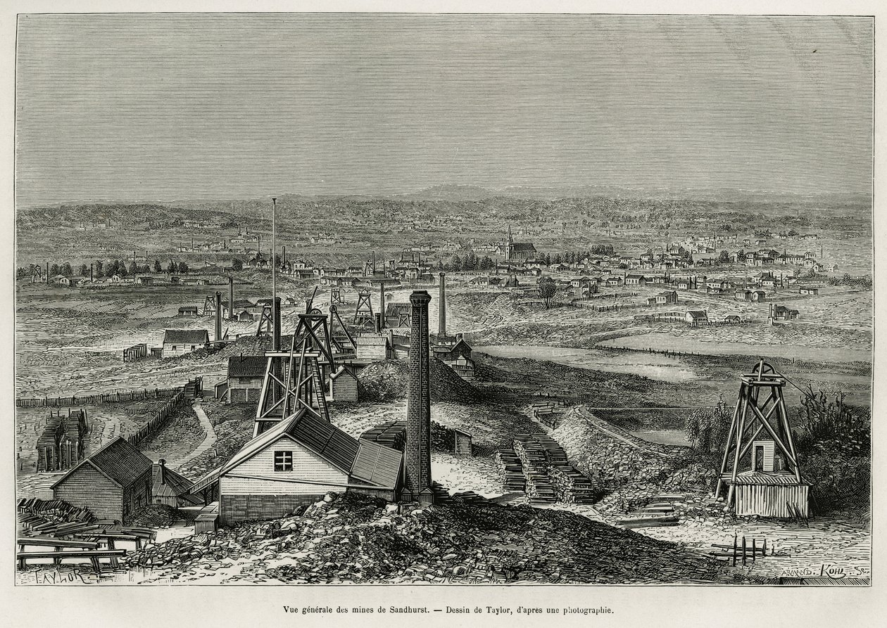 Algemeen overzicht van de mijnen van Sandhurst, gravure naar een tekening van Taylor, illustratie van het verhaal zes maanden in Australië, door Desire Charnay, missieopdracht door het Ministerie van Openbaar Onderwijs, in 1878, gepubliceerd in Le tour du  door T Taylor