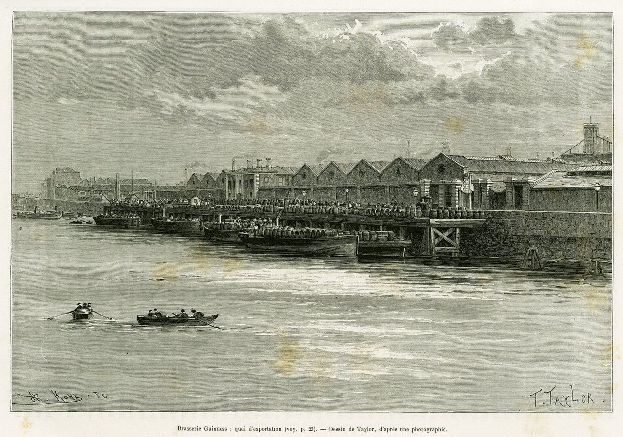 Guinness-brouwerij, exportdok. Gravure door Taylor, ter illustratie van het verhaal Trois mois en Irlande, in 1889, door Marie Anne de Bovet, in le tour du monde 1890, geregisseerd door Edouard Charton (1807-1890), Hachette, Parijs. door T Taylor