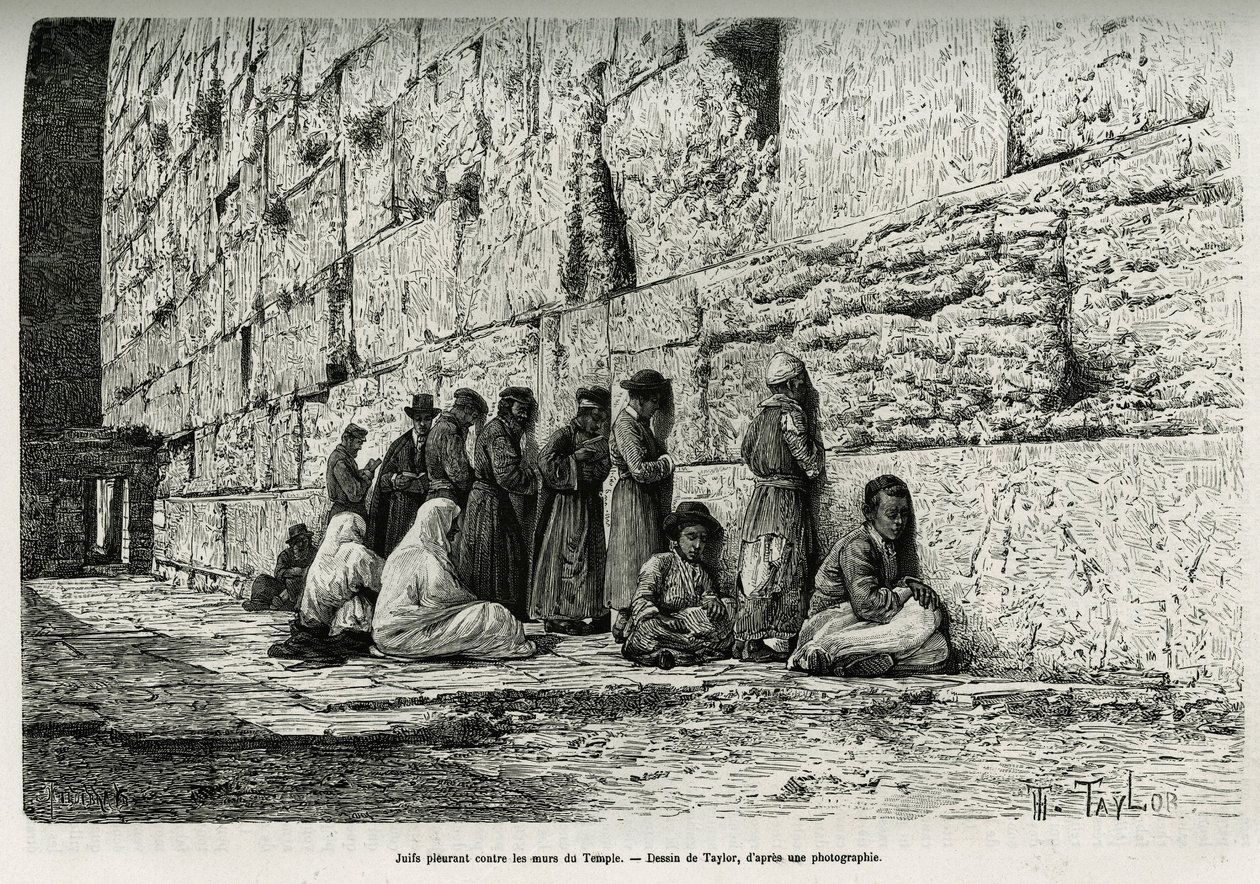 Joden huilen tegen de muren van de tempel (klaagmuur). Gravure door Taylor, ter illustratie van La Syria d
