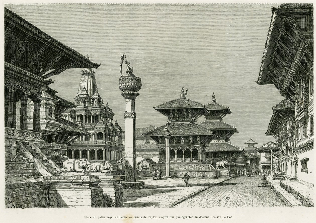 Plaats van het Koninklijk Paleis van Patan (Huidig Lalitpur). Gravure door Taylor ter illustratie van het verhaal 