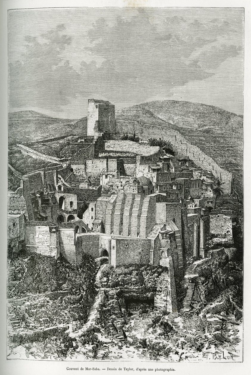 Het klooster van Mar-Saba (Mar Saba) (Palestina). Gravure door Taylor, ter illustratie van het verhaal van Syrië vandaag, door M. Lortet, decaan van de Faculteit Geneeskunde van Lyon, belast met een wetenschappelijke missie door het Ministerie van Openbaar door T Taylor