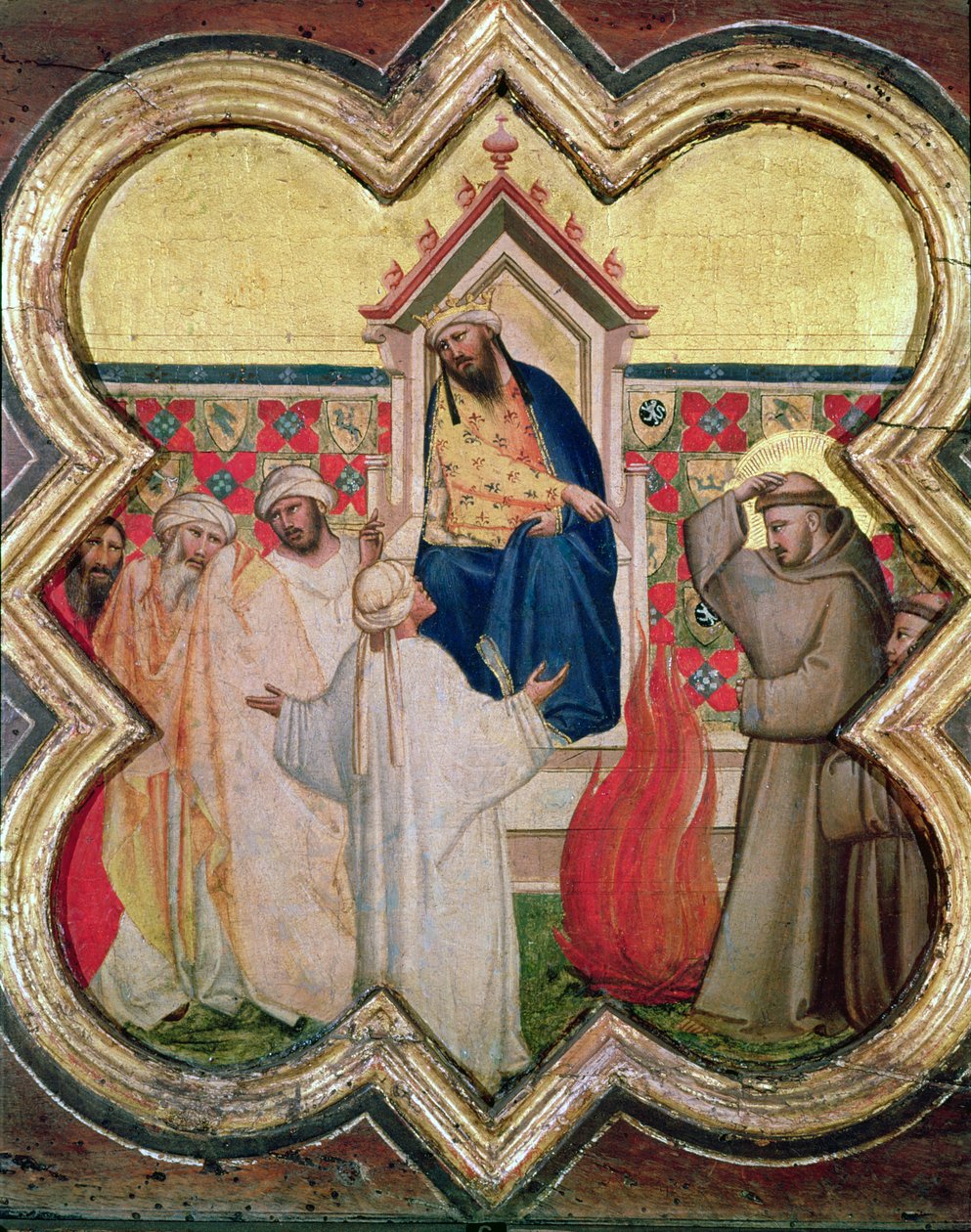 De vuurproef, St. Franciscus biedt aan om door het vuur te lopen om de Sultan van Egypte te bekeren in 1219 door Taddeo Gaddi