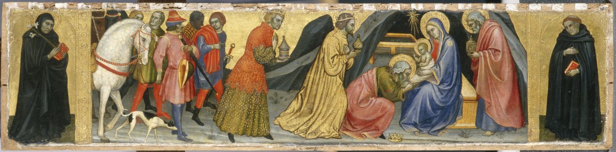 De Aanbidding der Wijzen en twee Heiligen door Taddeo di Bartolo