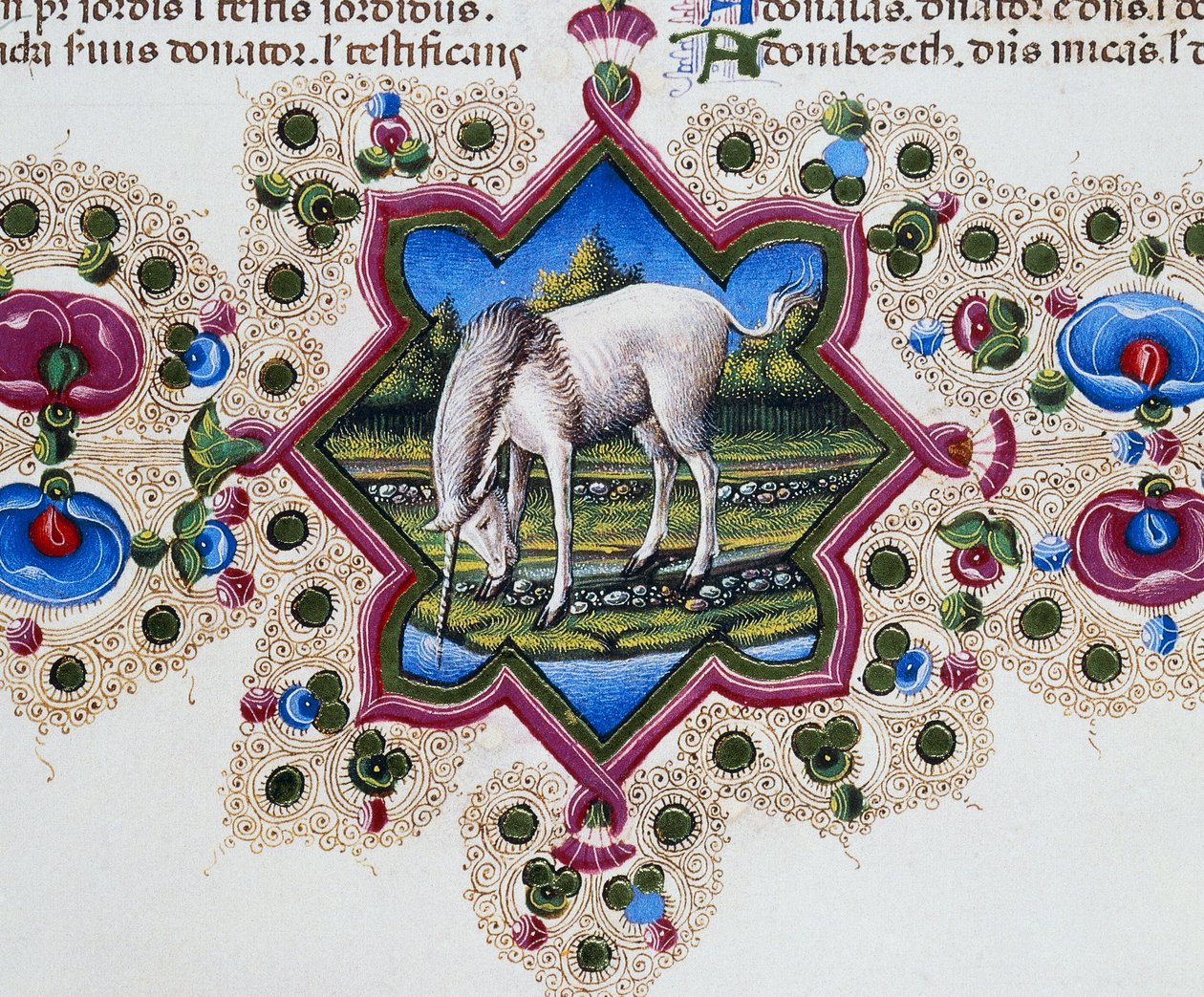 Randfries aan de voet van de pagina met eenhoorn, Volume II f 245, v, Bijbel van Borso d