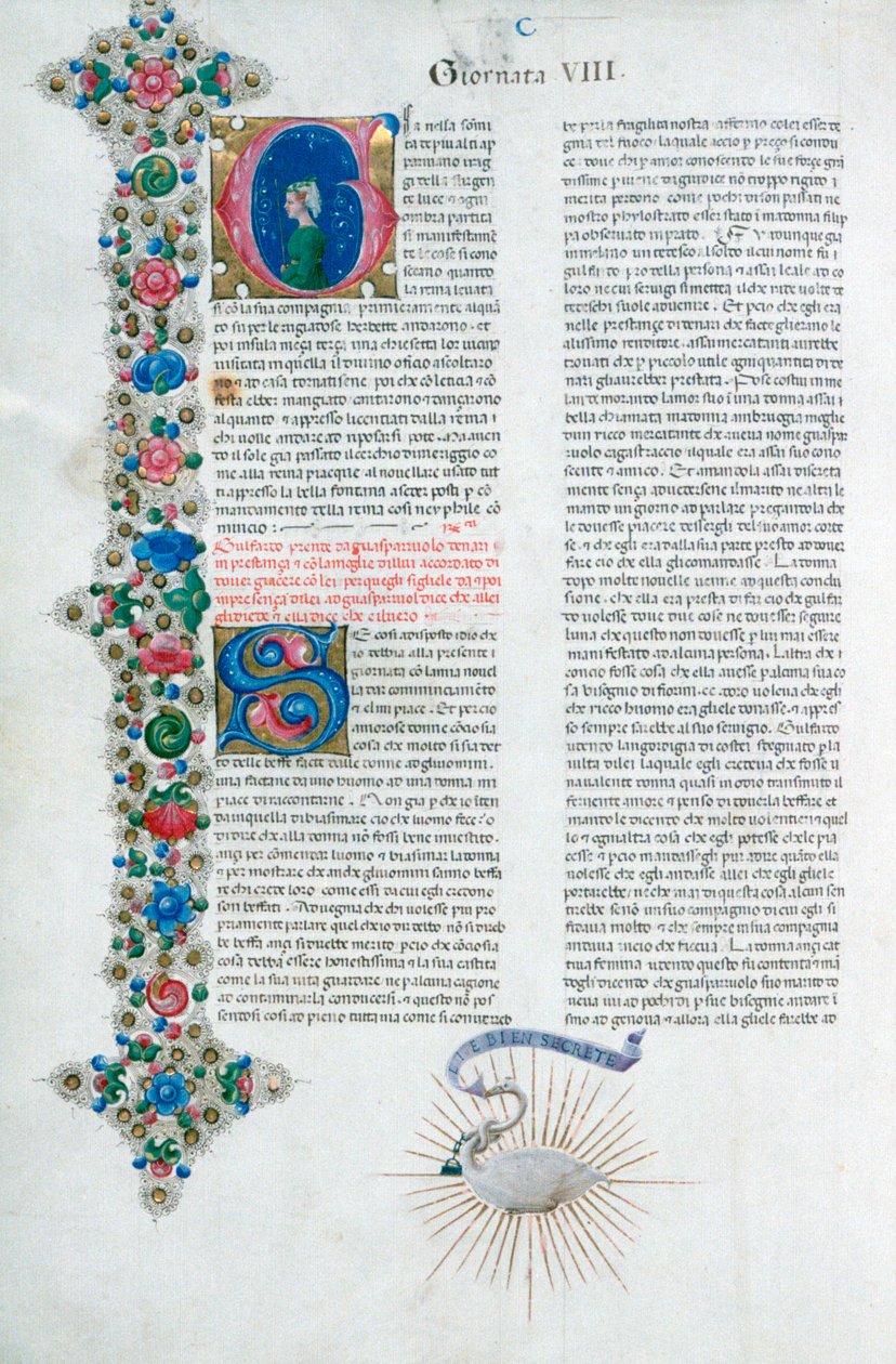Verlichte manuscriptpagina uit Decameron, door Giovanni Boccaccio, Italiaans, ca. 1467 door Taddeo Crivelli