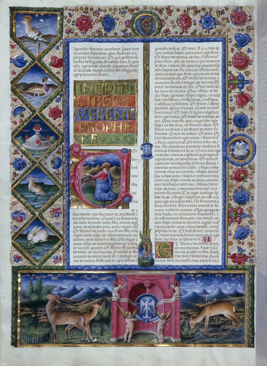Incipit van het boek Jeremia die de profeet in een lettrine toont, uit de Bijbel van Borso d