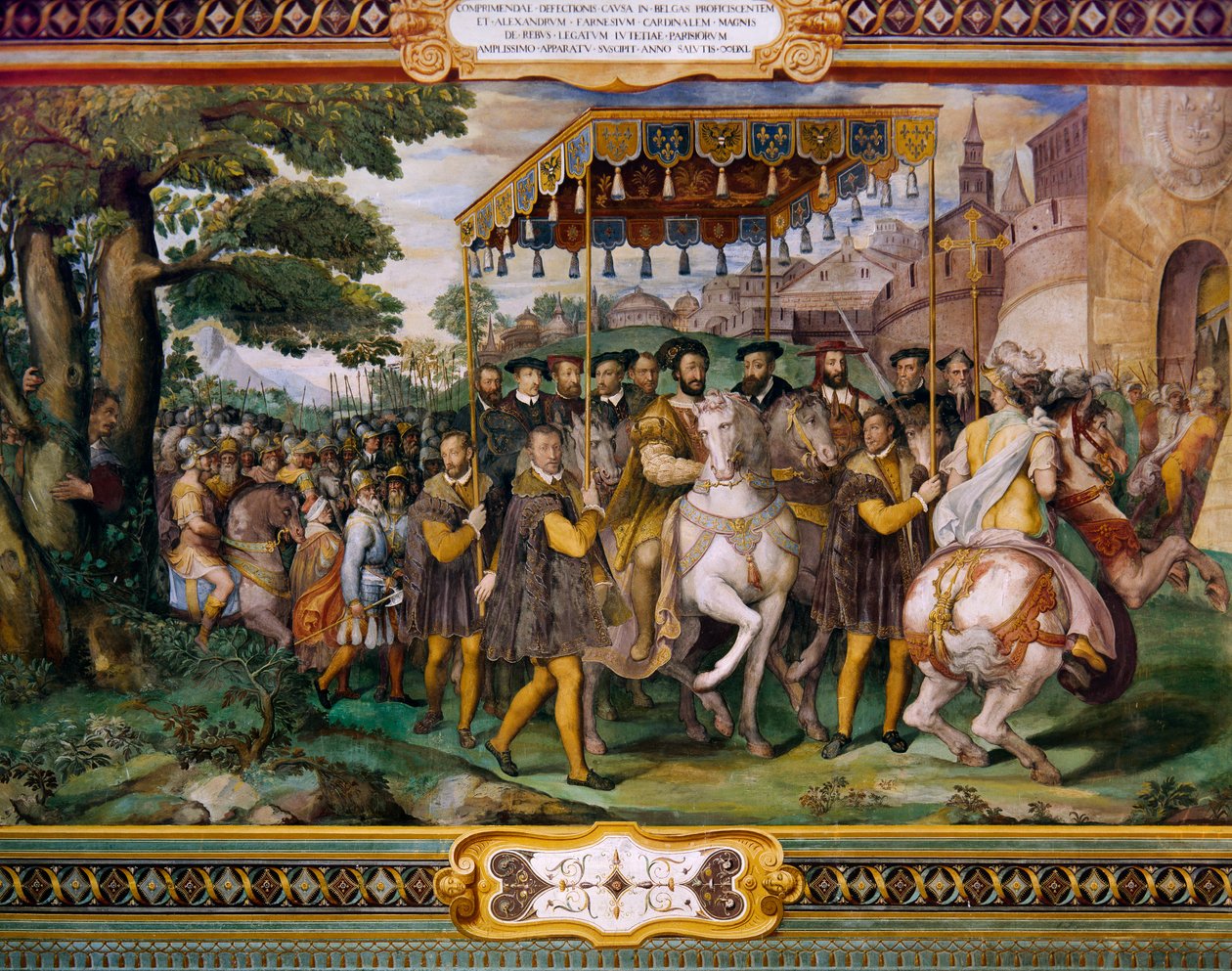 Francis I verwelkomt Karel V en kardinaal Alessio Farnese in Parijs, door Taddeo Zuccari (1529-1566), Palazzo Farnese, Caprarola, Italië door Taddeo Zuccari
