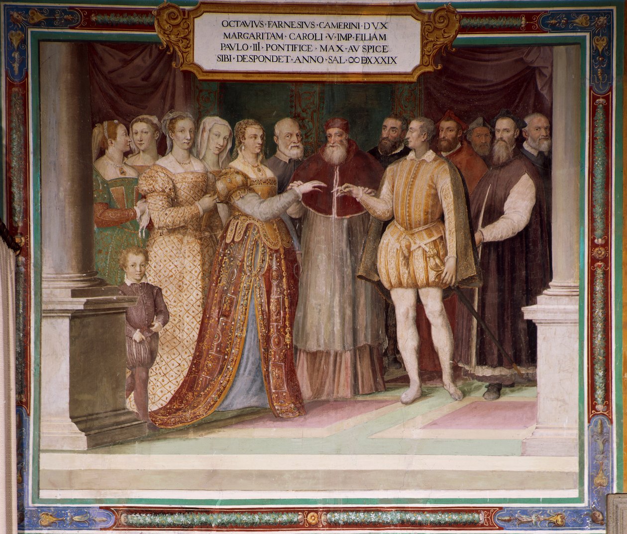 Italië, Lazio Regio, Caprarola (Viterbo Provincie), Farnese Paleis, Huwelijk van Ottavio Farnese met Margaretha van Oostenrijk door Taddeo Zuccari, fresco door Taddeo Zuccari