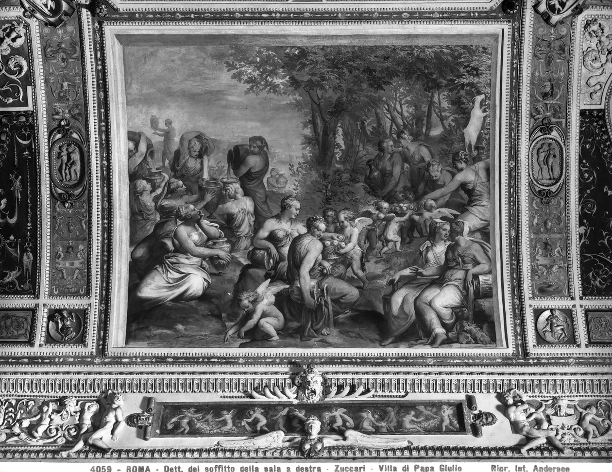 Scène met nimfen, detail van het plafond van een banketzaal, Villa Giulia, Rome (fresco) door Taddeo Zuccaro