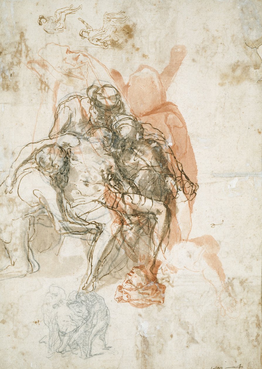 Drie figuren die een man ondersteunen, kleinere schets van hetzelfde, en studies voor de verblinding van Elymas door Taddeo Zuccaro