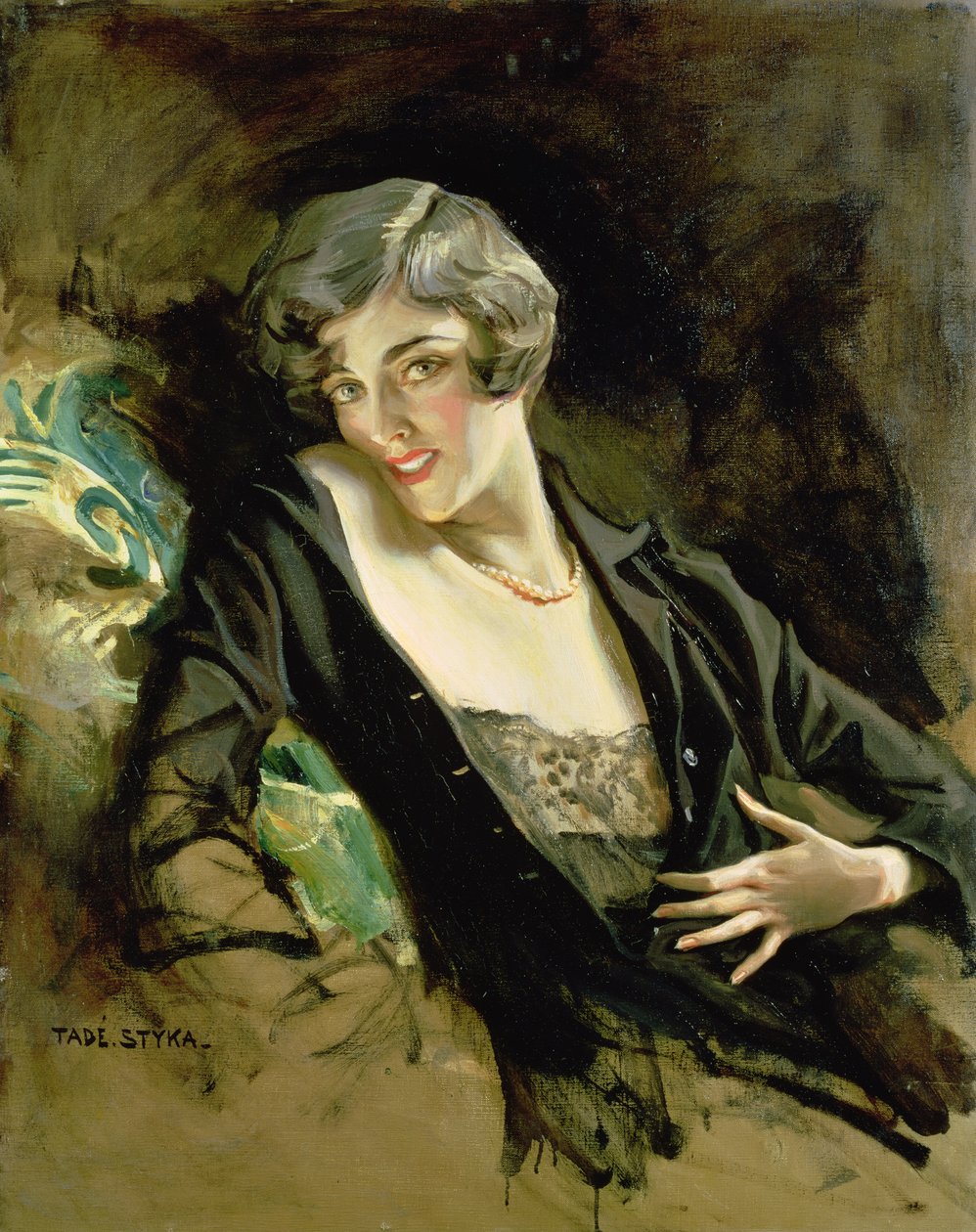 Portret van een jonge vrouw (olieverf op doek) door Tade Styka
