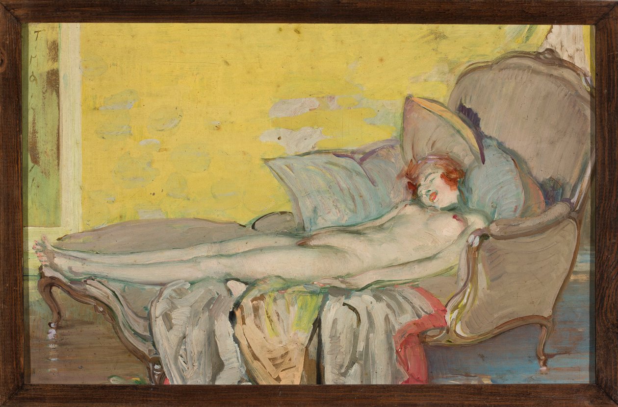 Naakt van een meisje op een sofa door Tadeusz Makowski