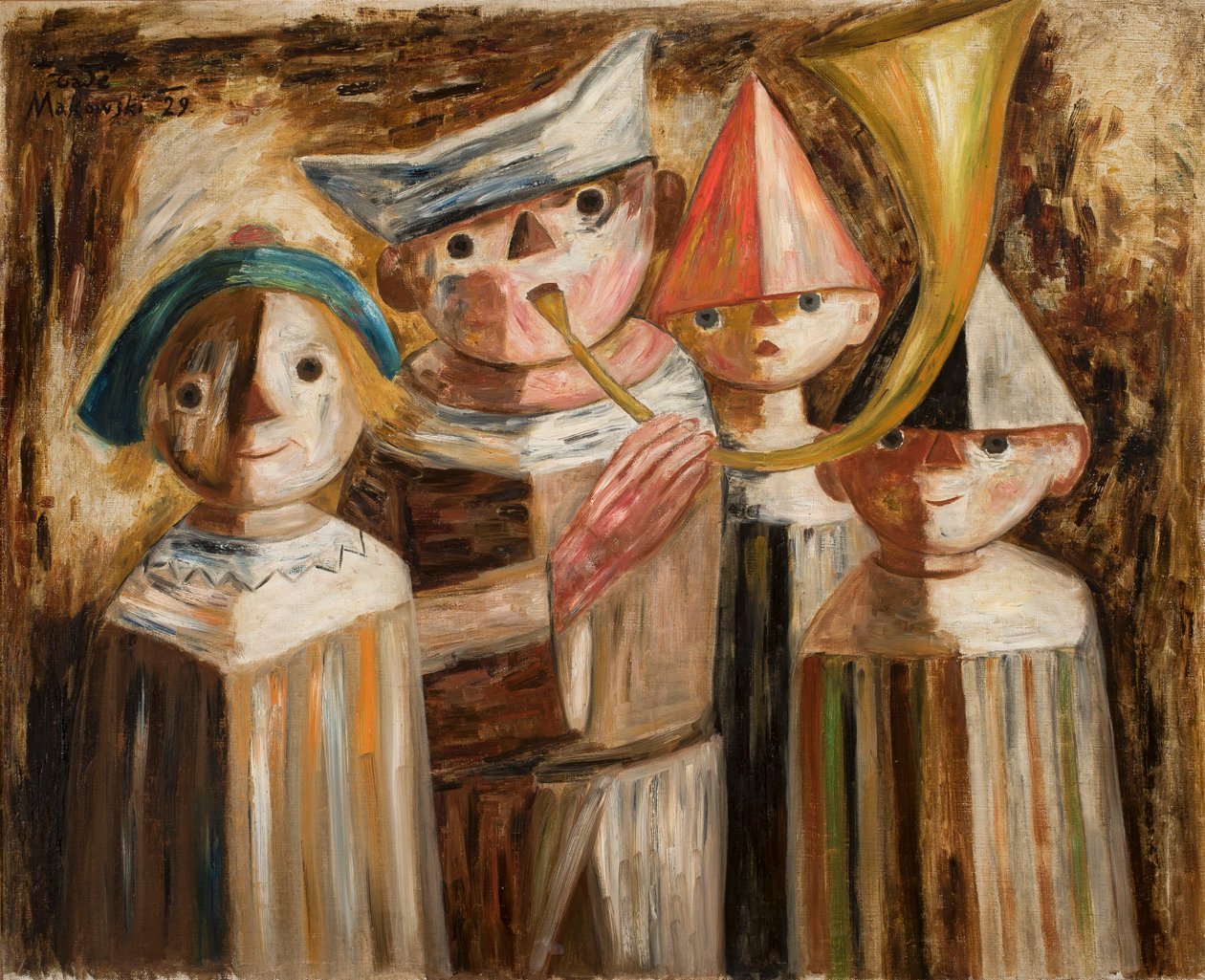 Vier kinderen met een trompet door Tadeusz Makowski