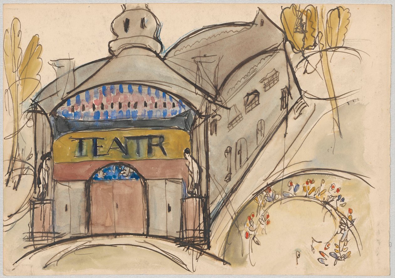 Fantastisch gebouw met het opschrift „Theater“ door Tadeusz Makowski