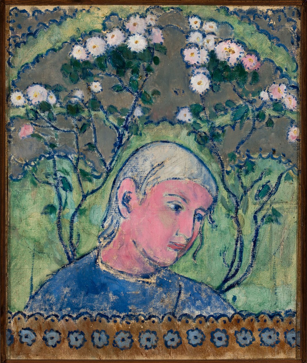 Hoofd van een meisje met bloemen door Tadeusz Makowski