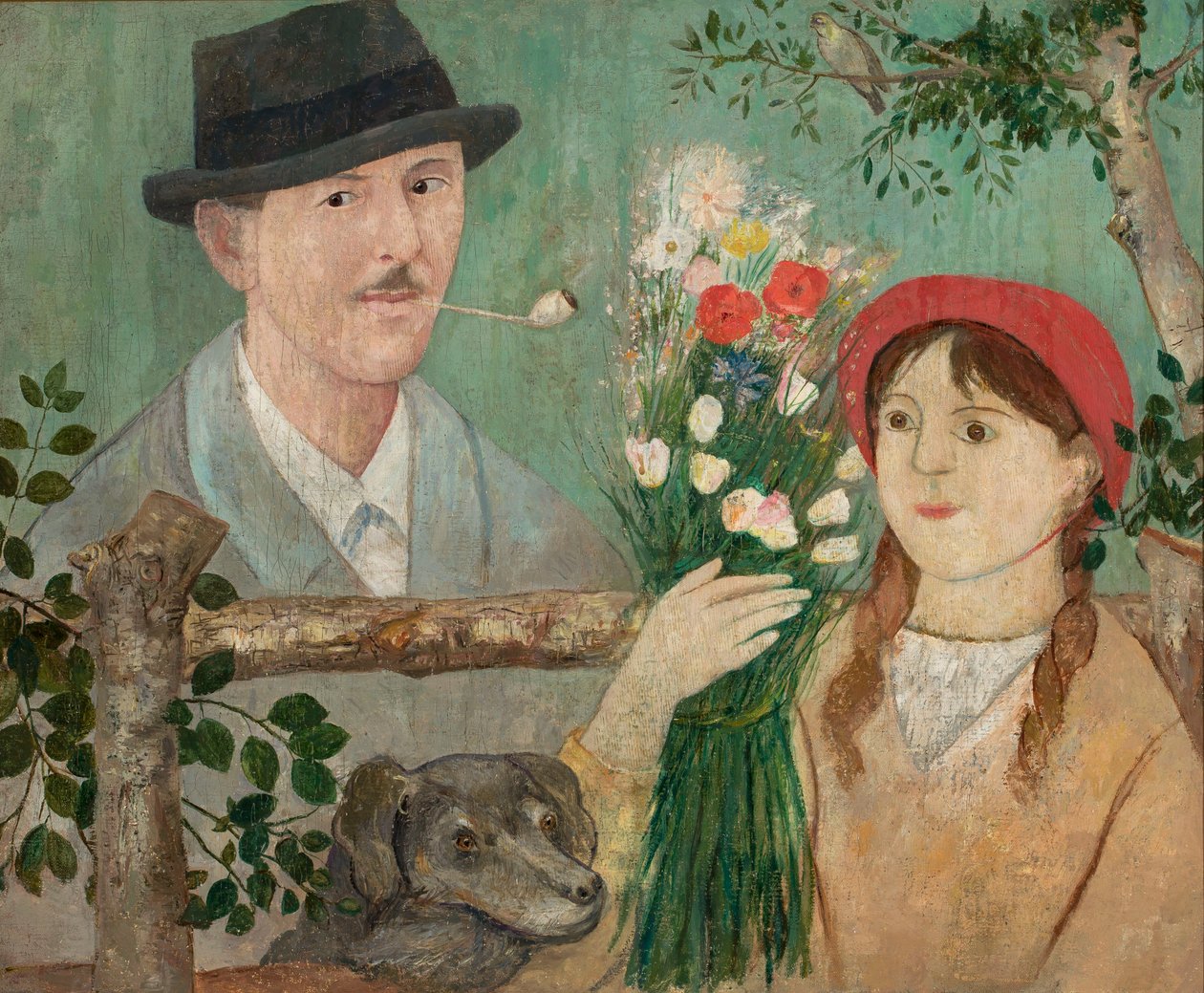 Idylle bij het hek (Zelfportret, meisje met bloemen en hond) door Tadeusz Makowski