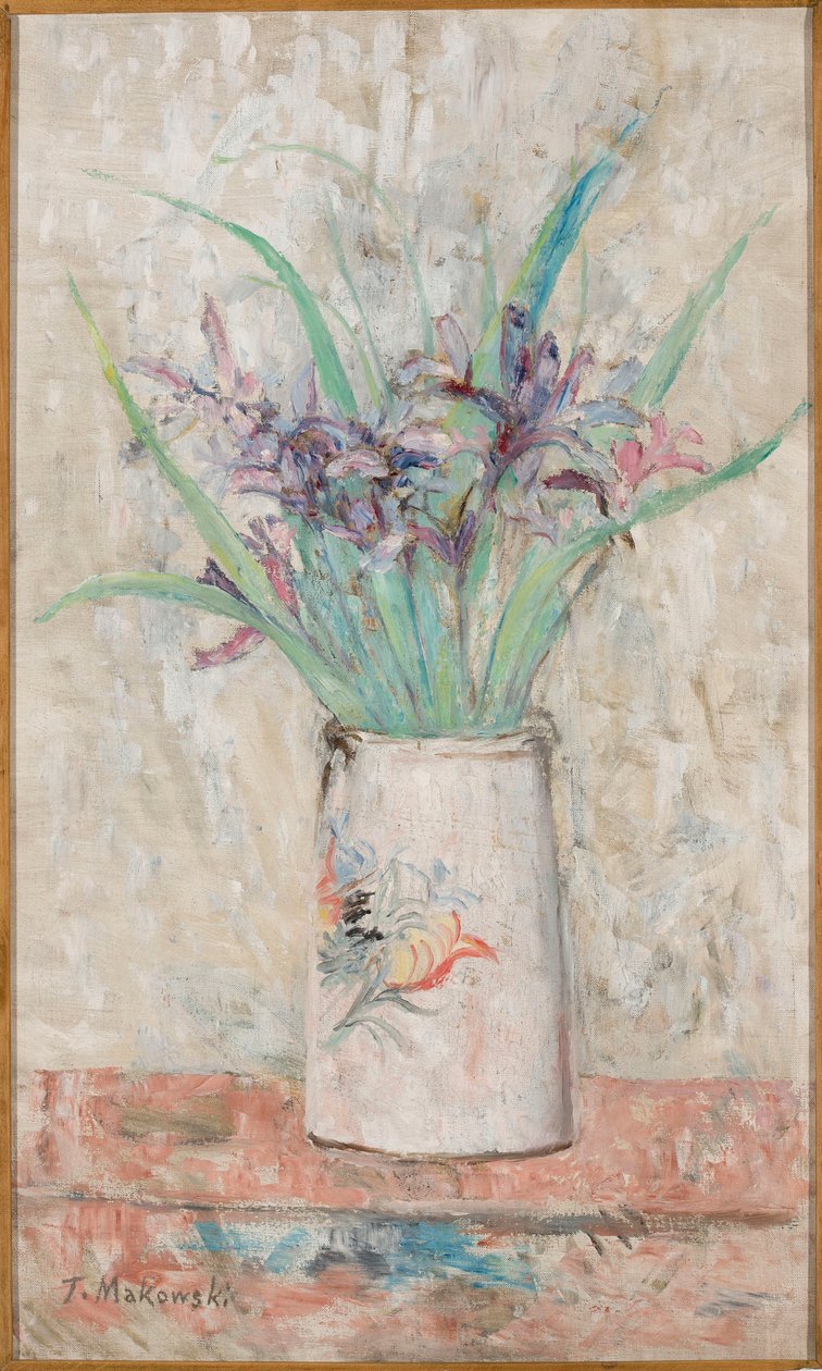 Irissen in een witte vaas door Tadeusz Makowski