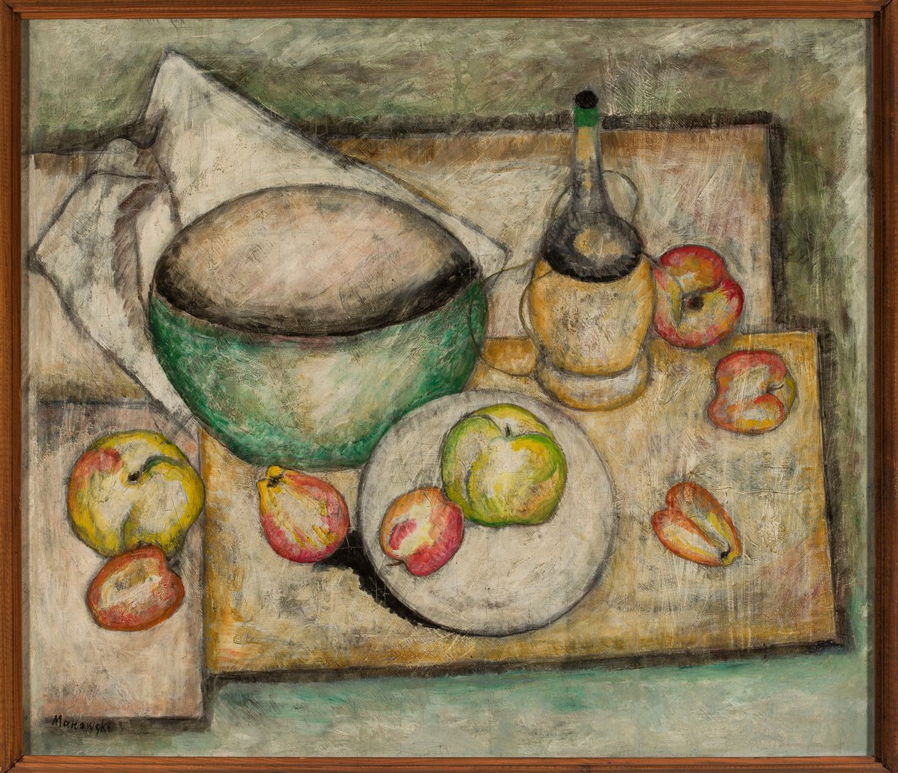 Stilleven met groene schaal en fruit door Tadeusz Makowski