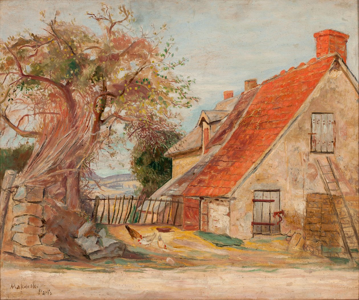 Landschap met een huis en pluimvee door Tadeusz Makowski