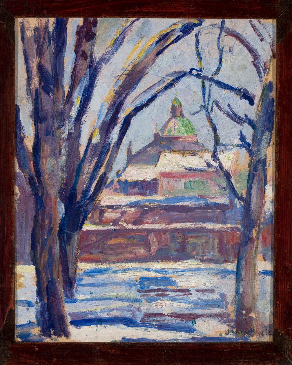 Winterlandschap met een orthodoxe kerk door Tadeusz Makowski